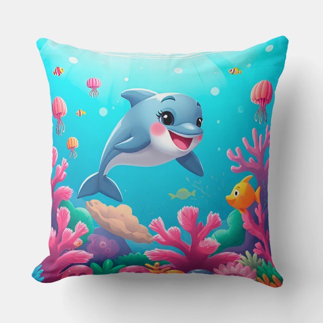 🐬 Cheerful Cartoon Dolphin Splashing with Joy 🌊✨ Throw Pillow (Front)
