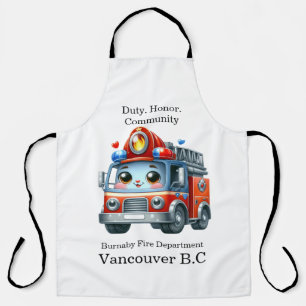 Cheerful cartoon firefighter truck on a bright day apron
