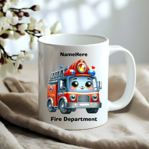Cheerful cartoon firefighter truck on a bright day coffee mug