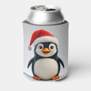 Cheerful Cartoon Penguin Wearing Santa Hat Can Cooler