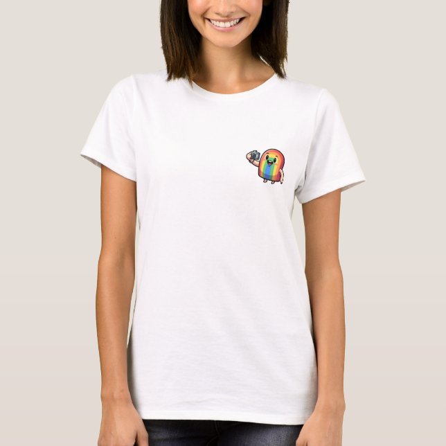 Cheerful Cartoon Rainbow Character Holding Digital T-Shirt (Front)