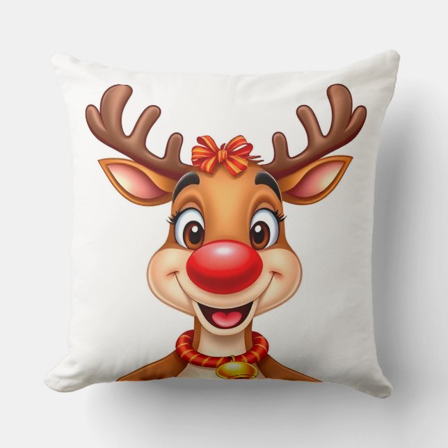 Cheerful Cartoon Reindeer with Red Nose Throw Pillow (Front)