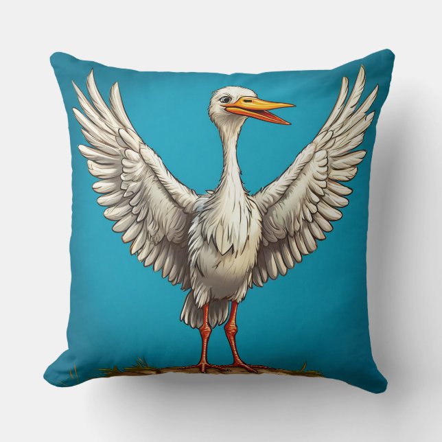 Cheerful Cartoon Stork Throw Pillow (Front)
