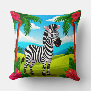 Cheerful Cartoon Zebra in a Tropical Landscape Throw Pillow