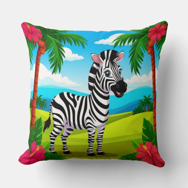 Cheerful Cartoon Zebra in a Tropical Landscape Throw Pillow (Front)