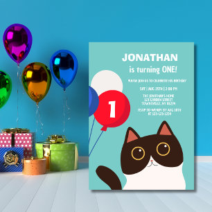 Cheerful Cat Party Balloon Kids Birthday Invitation