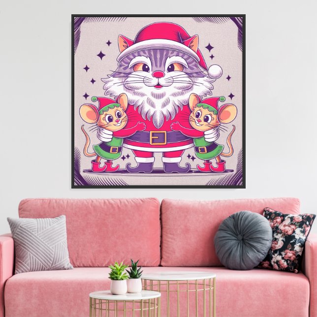 Cheerful Cat Santa Elf Mice Whimsical Christmas Canvas Print (Insitu(LivingRoom))