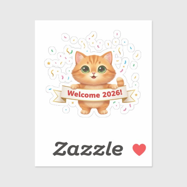 Cheerful Cat with New Year Banner Welcome 2026  Sticker (Sheet)