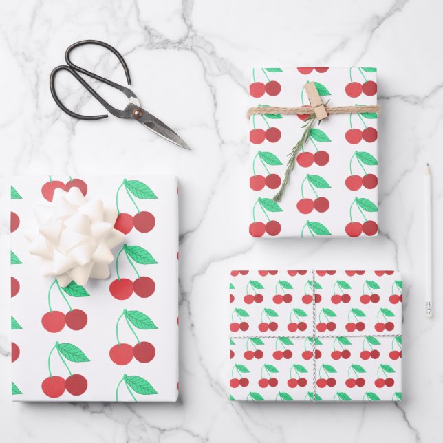 Cheerful Cherries Fruity Fun Pattern Red Green Wrapping Paper Sheets (Front)