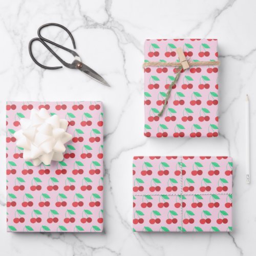 Cheerful Cherries Fruity Fun Red Green Pink Wrapping Paper Sheets