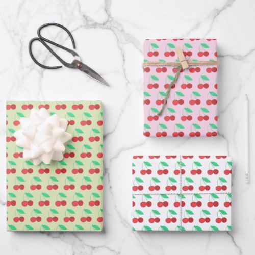 Cheerful Cherries Fruity Fun Red Green Pink Wrapping Paper Sheets