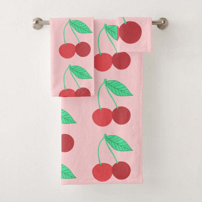 Cheerful Cherries Fruity Pink Bath Towel Set (Insitu)