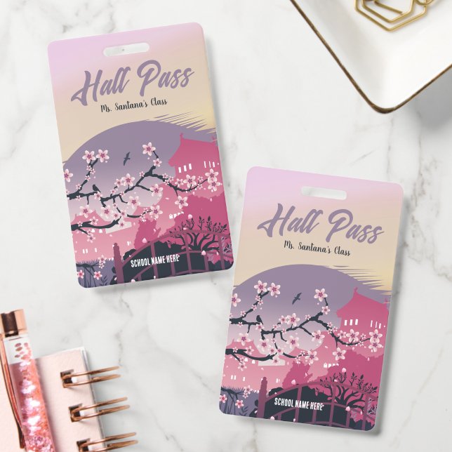 Cheerful Cherry Blossom Hall Pass Customizable Badge (Office)