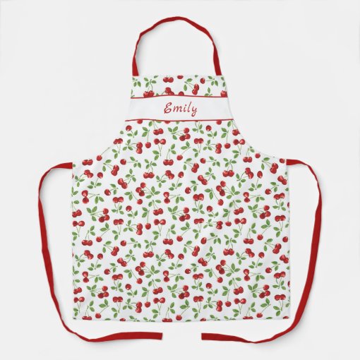 Cheerful Cherry Pattern - White Background Apron | Zazzle