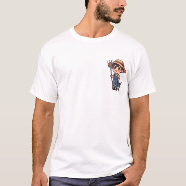 Cheerful Chibi Farmer Boy in Overalls T-Shirt (Front)