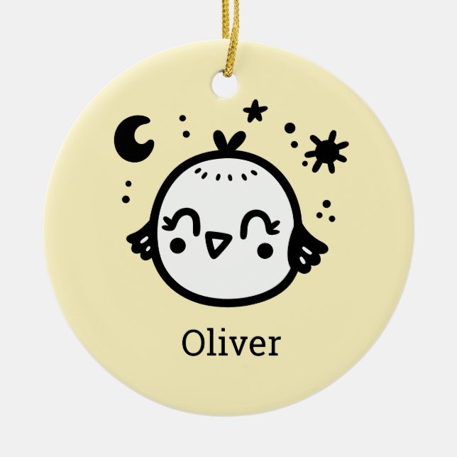 Cheerful Chick - Kawaii Bird Line Art" Ceramic Ornament (Front)