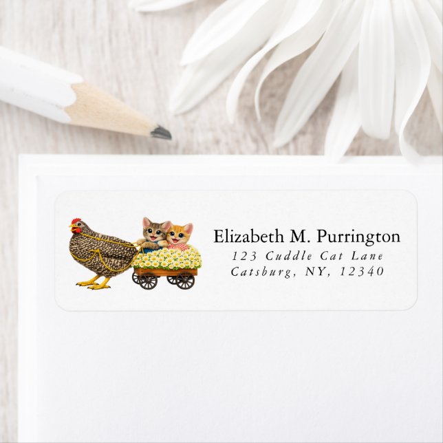 Cheerful Chicken Pulling Kittens in Flower Wagon Label (Insitu)