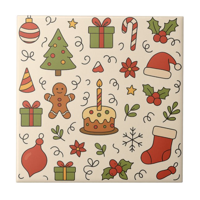 Cheerful Christmas Doodle Pattern Ceramic Tile (Front)