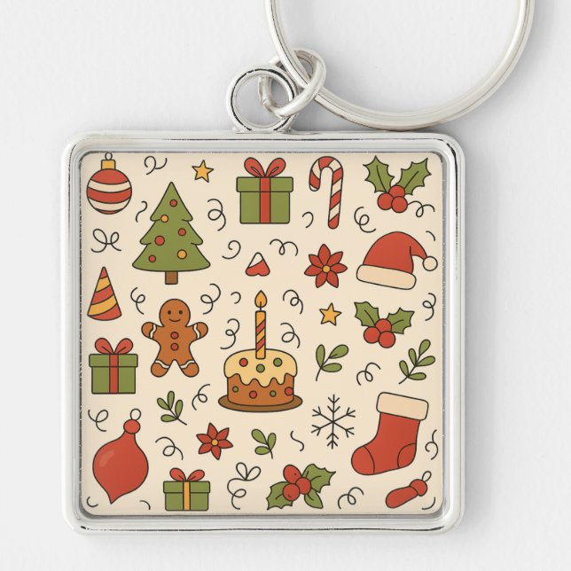Cheerful Christmas Doodle Pattern Keychain (Front)