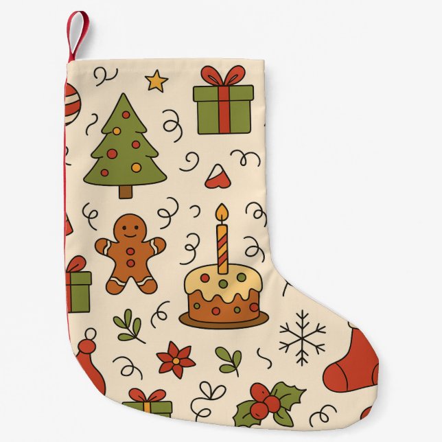 Cheerful Christmas Doodle Pattern Small Christmas Stocking (Front)