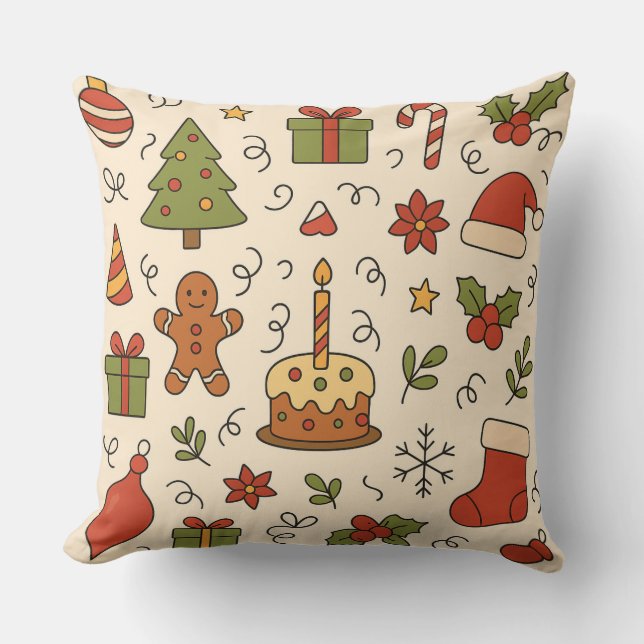 Cheerful Christmas Doodle Pattern Throw Pillow (Front)