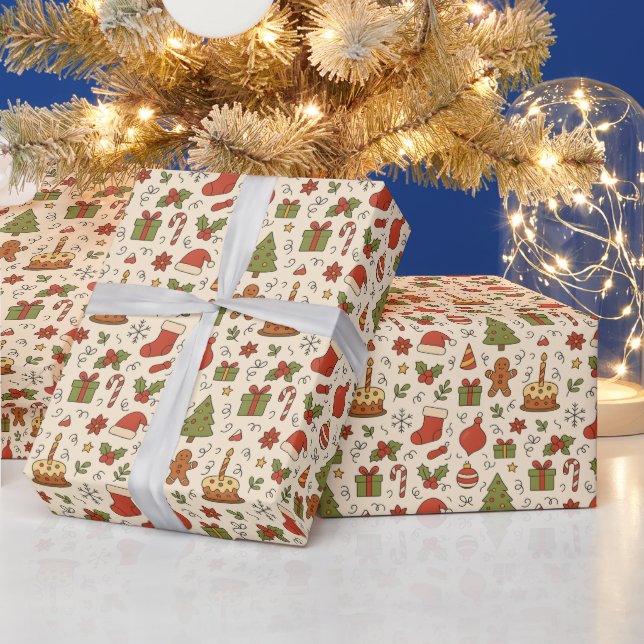 Cheerful Christmas Doodle Pattern Wrapping Paper (Holidays)