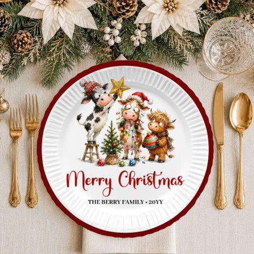 Cheerful Christmas funny cow red green christmas p Paper Plates