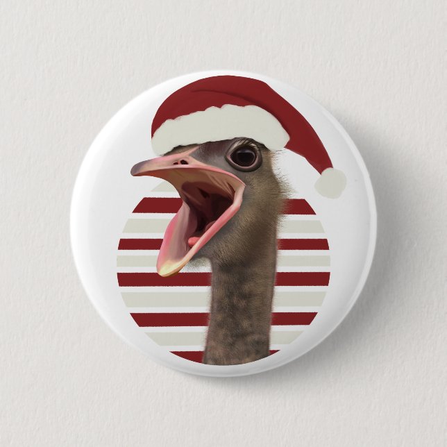 Cheerful Christmas Ostrich With Santa Hat Button (Front)