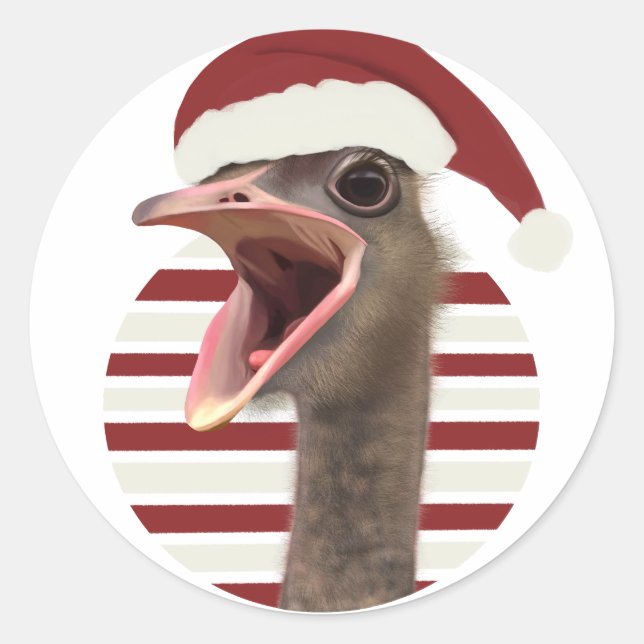 Cheerful Christmas Ostrich With Santa Hat Classic Round Sticker (Front)
