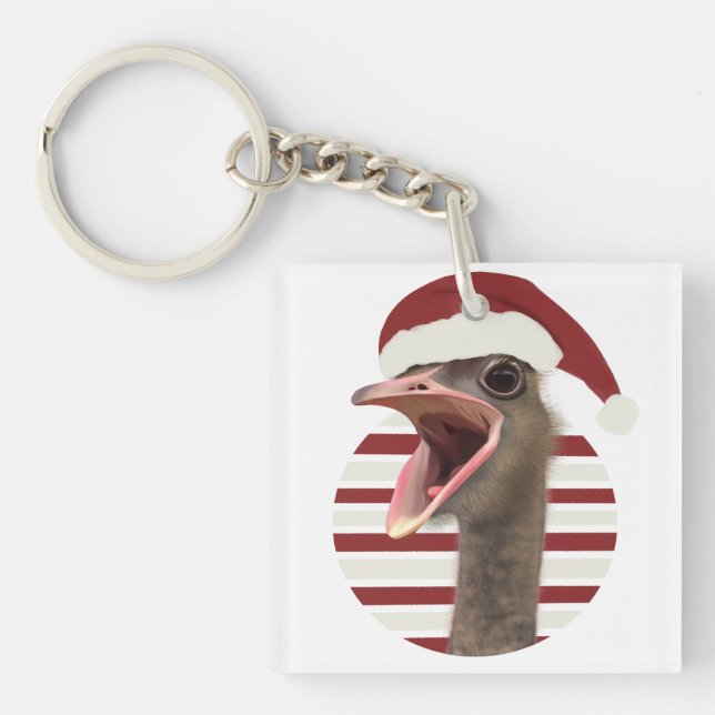 Cheerful Christmas Ostrich With Santa Hat Keychain (Front)