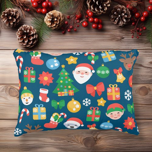 Cheerful Christmas Pattern on Blue Decorative Pillow