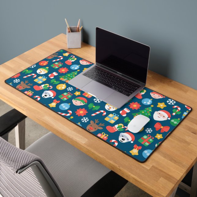 Cheerful Christmas Pattern on Blue Desk Mat (Office 2)