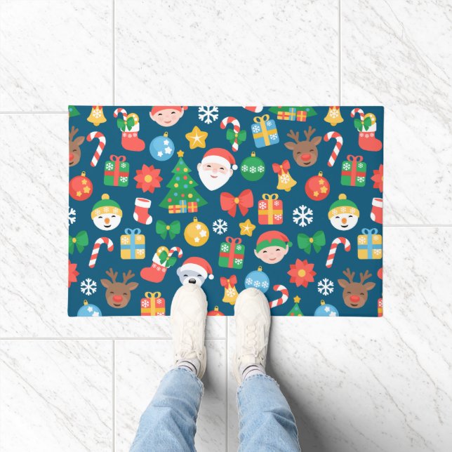 Cheerful Christmas Pattern on Blue Doormat (Indoor)