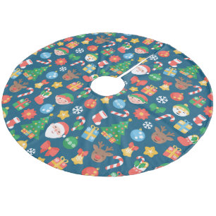 Cheerful Christmas Pattern on Blue Fleece Tree Skirt