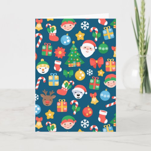 Cheerful Christmas Pattern on Blue Holiday Card