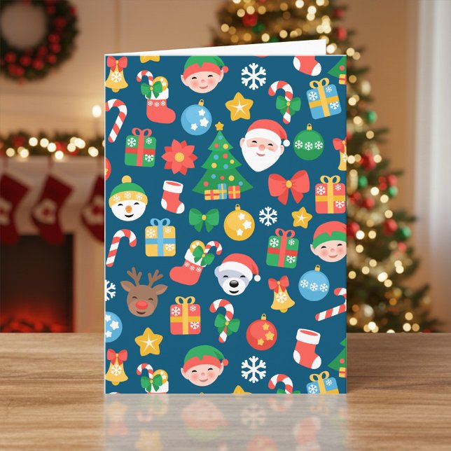 Cheerful Christmas Pattern on Blue Holiday Card (Creator Uploaded)