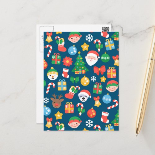 Cheerful Christmas Pattern on Blue Holiday Postcard