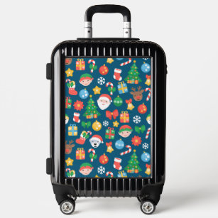 Cheerful Christmas Pattern on Blue Luggage