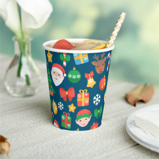 Cheerful Christmas Pattern on Blue Paper Cups
