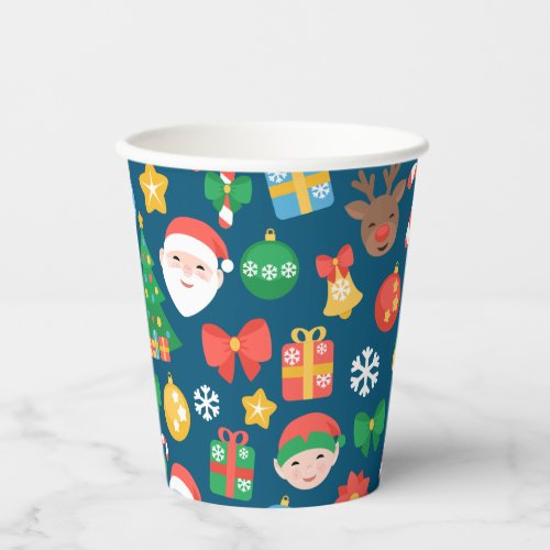 Cheerful Christmas Pattern on Blue Paper Cups