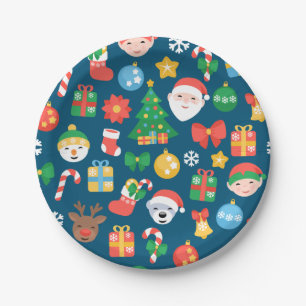 Cheerful Christmas Pattern on Blue Paper Plates