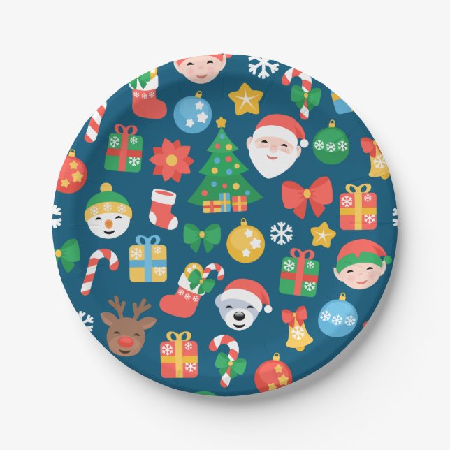 Cheerful Christmas Pattern on Blue Paper Plates (Front)