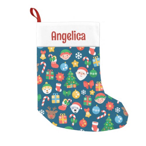 Cheerful Christmas Pattern on Blue Small Christmas Stocking