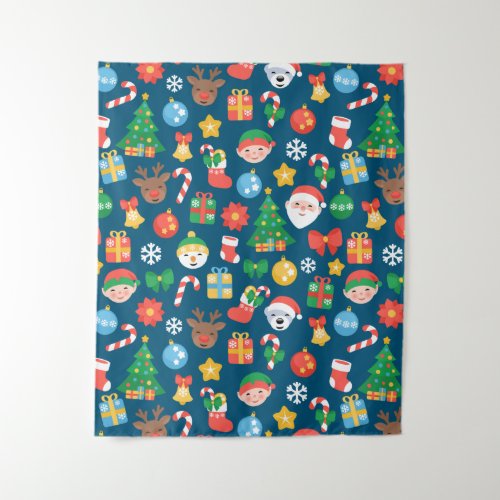 Cheerful Christmas Pattern on Blue Tapestry