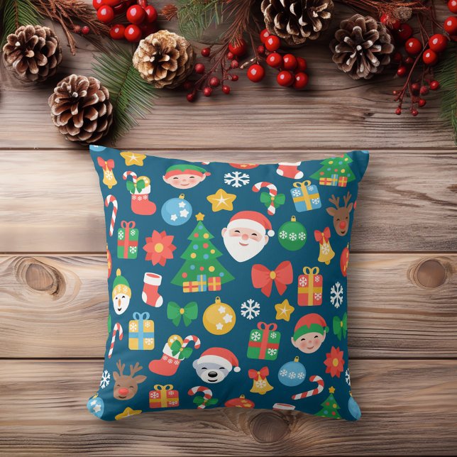 Cheerful Christmas Pattern on Blue Throw Pillow (Creator Uploaded)