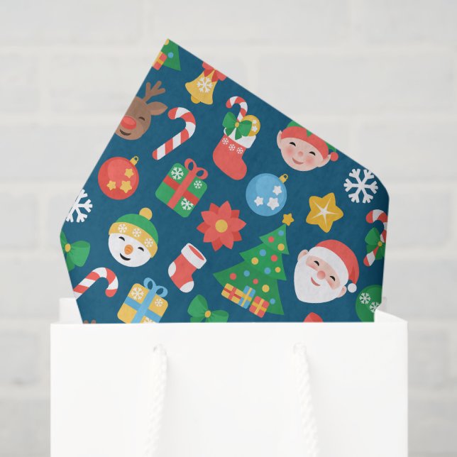Cheerful Christmas Pattern on Blue Tissue Paper (Gift Bag)