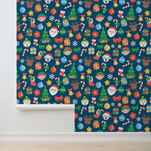 Cheerful Christmas Pattern on Blue Wallpaper