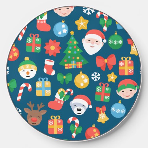 Cheerful Christmas Pattern on Blue Wireless Charger