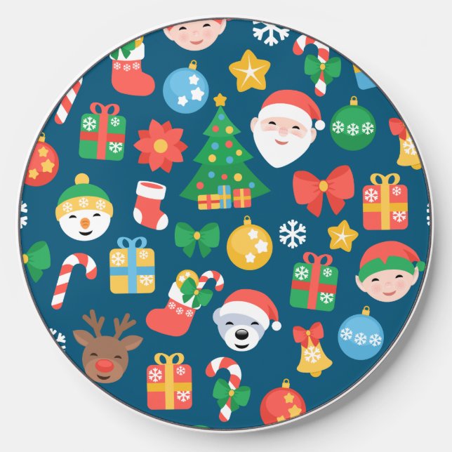 Cheerful Christmas Pattern on Blue Wireless Charger (Front)