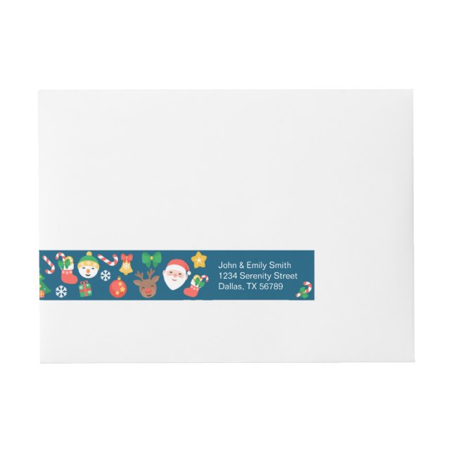 Cheerful Christmas Pattern on Blue Wrap Around Address Label (Front)
